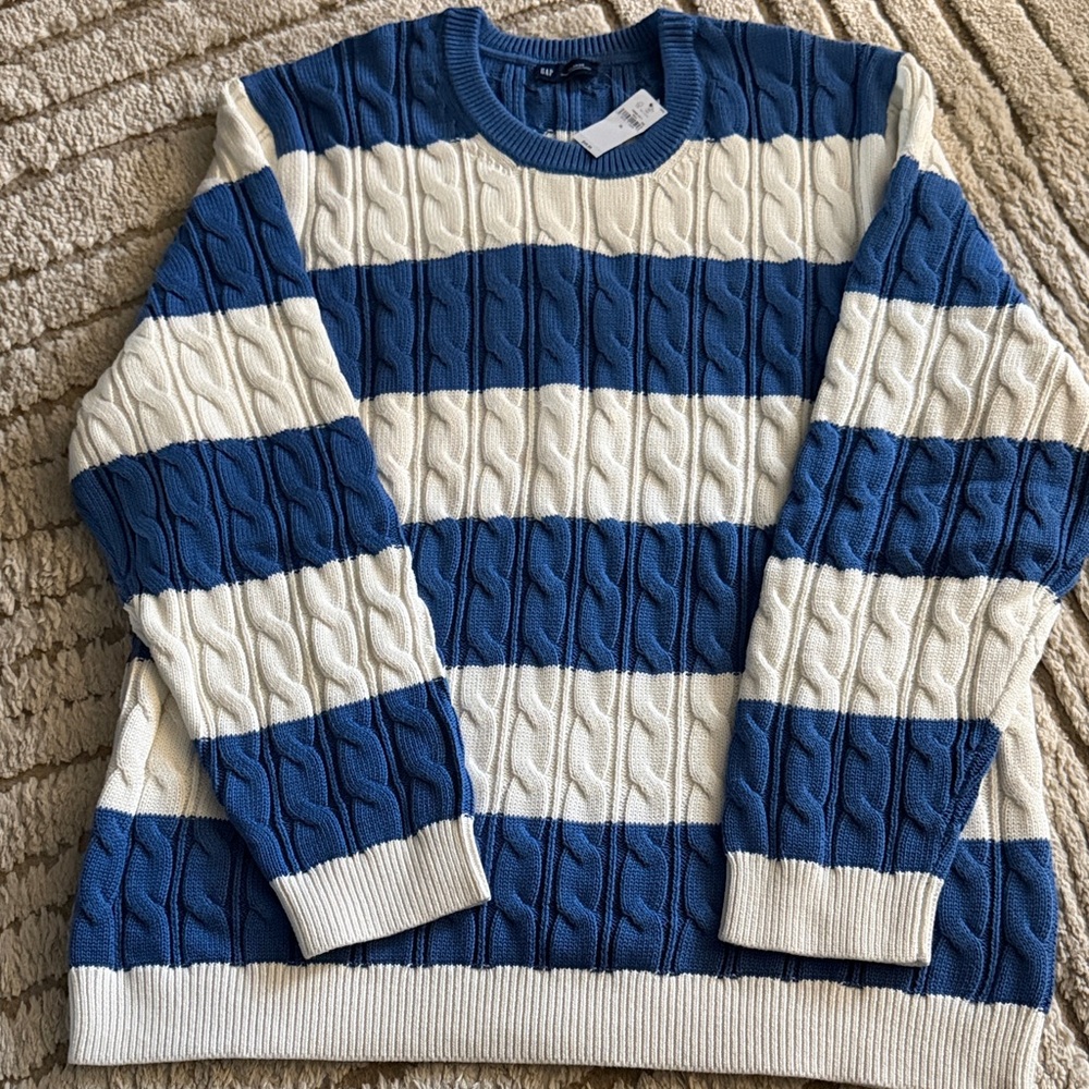 GAP Navy and Cream Striped Crewneck Sweater